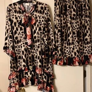 Leopard Print Skirt Set with Floral Accents